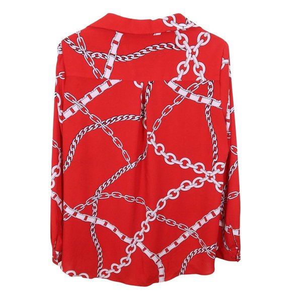 SUSAN GRAVER Size 4 Red White Chain Print Tie Front Button Up Blouse Shirt Top - Picture 5 of 5